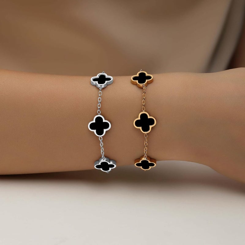 HAITTY 18K Gold Plated Clover Bracelet Set for Women White/Black/Gold/Silver/Green/Pink Adjustable Link Double-Sided Lucky Bracelets Trendy Bracelets Set Jewelry Gifts for Women Men - Image 2